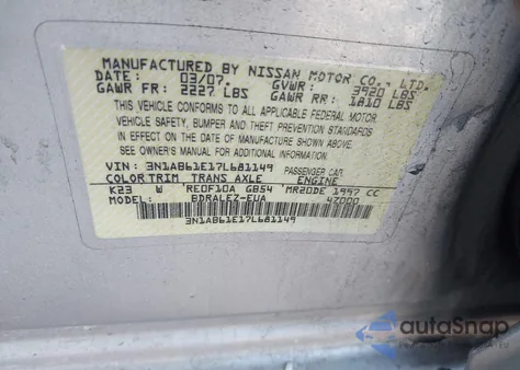 2007 Nissan Sentra 2.0S z USA, uszkodzony, nr VIN 3N1AB61E17L681149